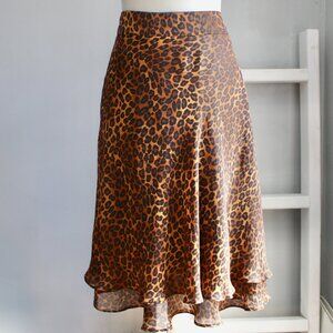 George Black Brown Cheetah Print Tier Chiffon Midi A-Line Skirt Size 10